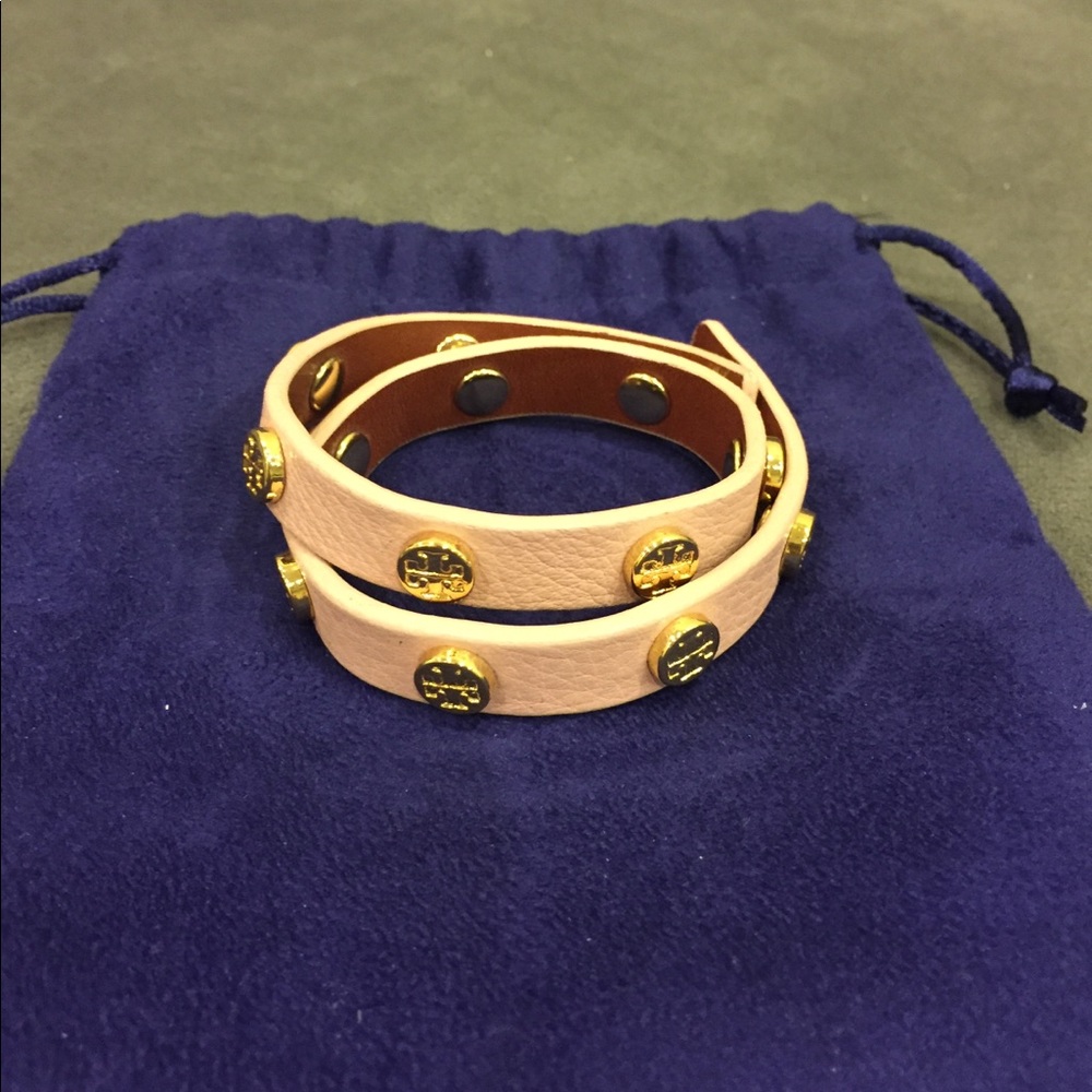 TORY BURCH Blush Double-Wrap Logo Stud Bracelet